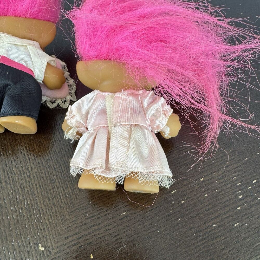 Vintage Russ Troll Dolls Bride & Groom Wedding Pink Hair Lot Of 2 Small 3” - Picture 6 of 7